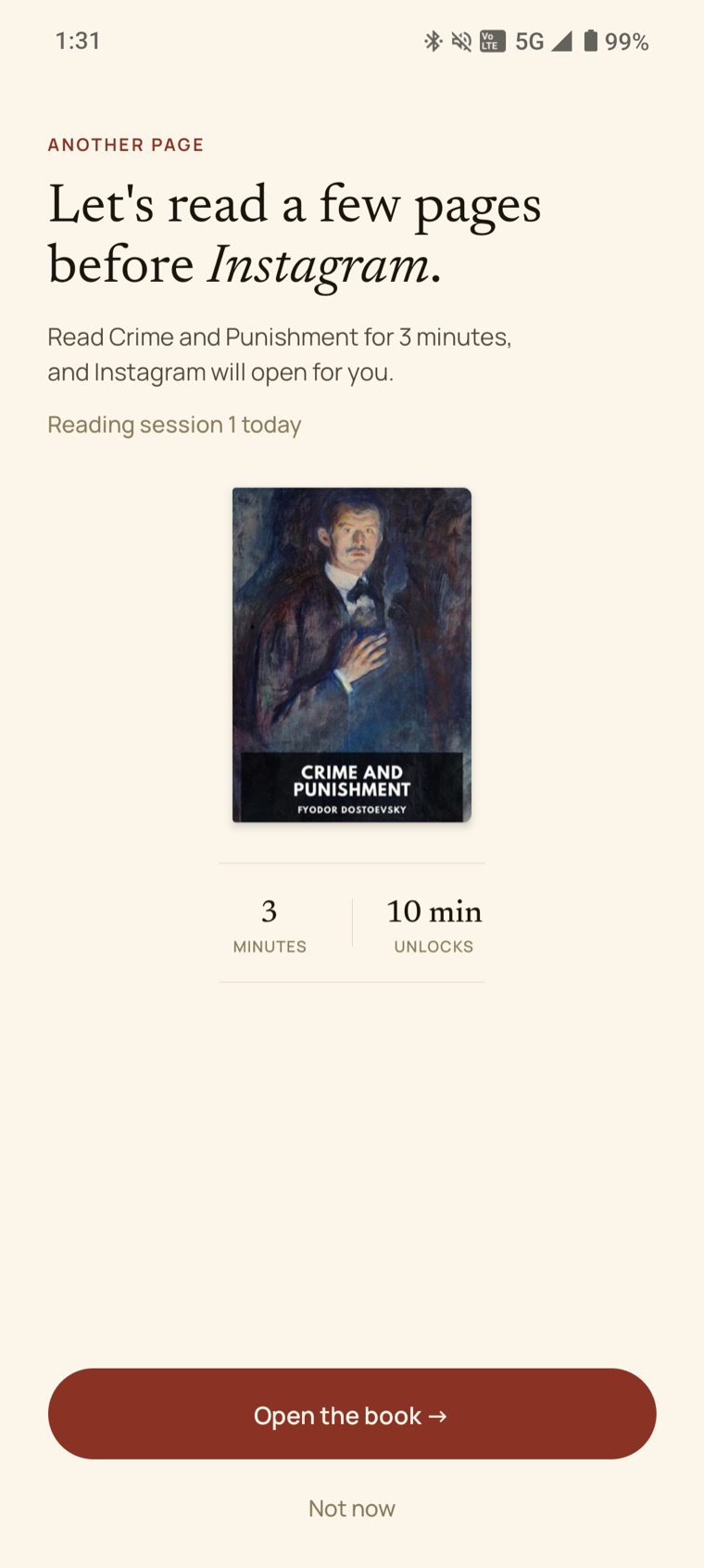 The reading gate: read Crime and Punishment for 3 minutes and Instagram opens