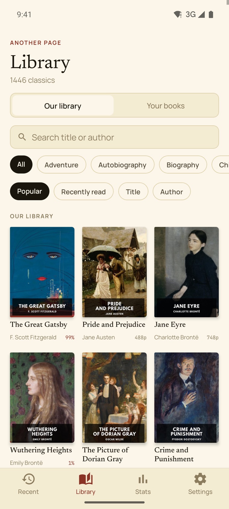 The library: around 1,500 classic books in a searchable grid