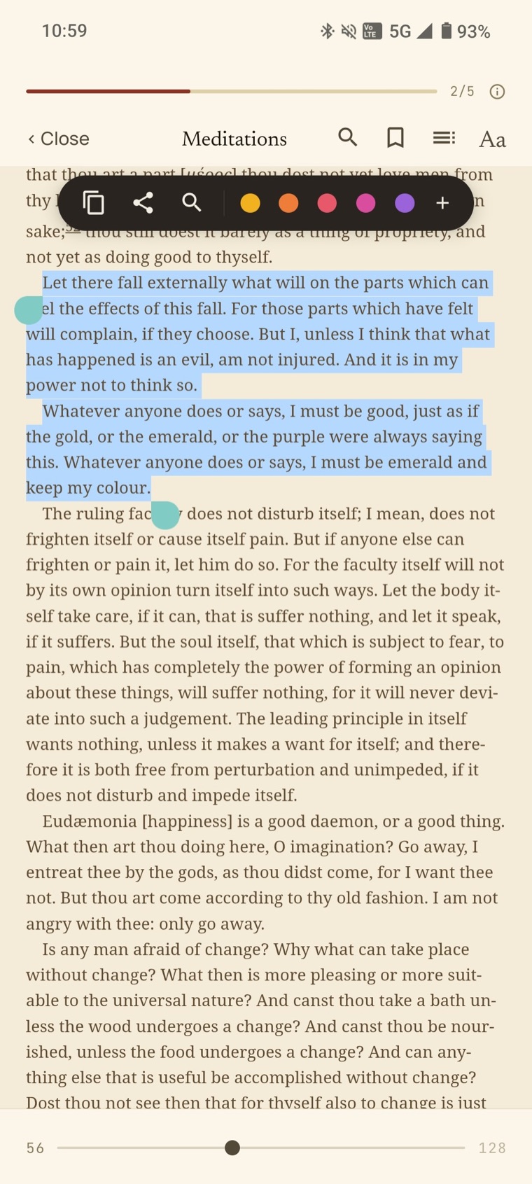 The reader showing Meditations with a Copy, Highlight, Share selection menu