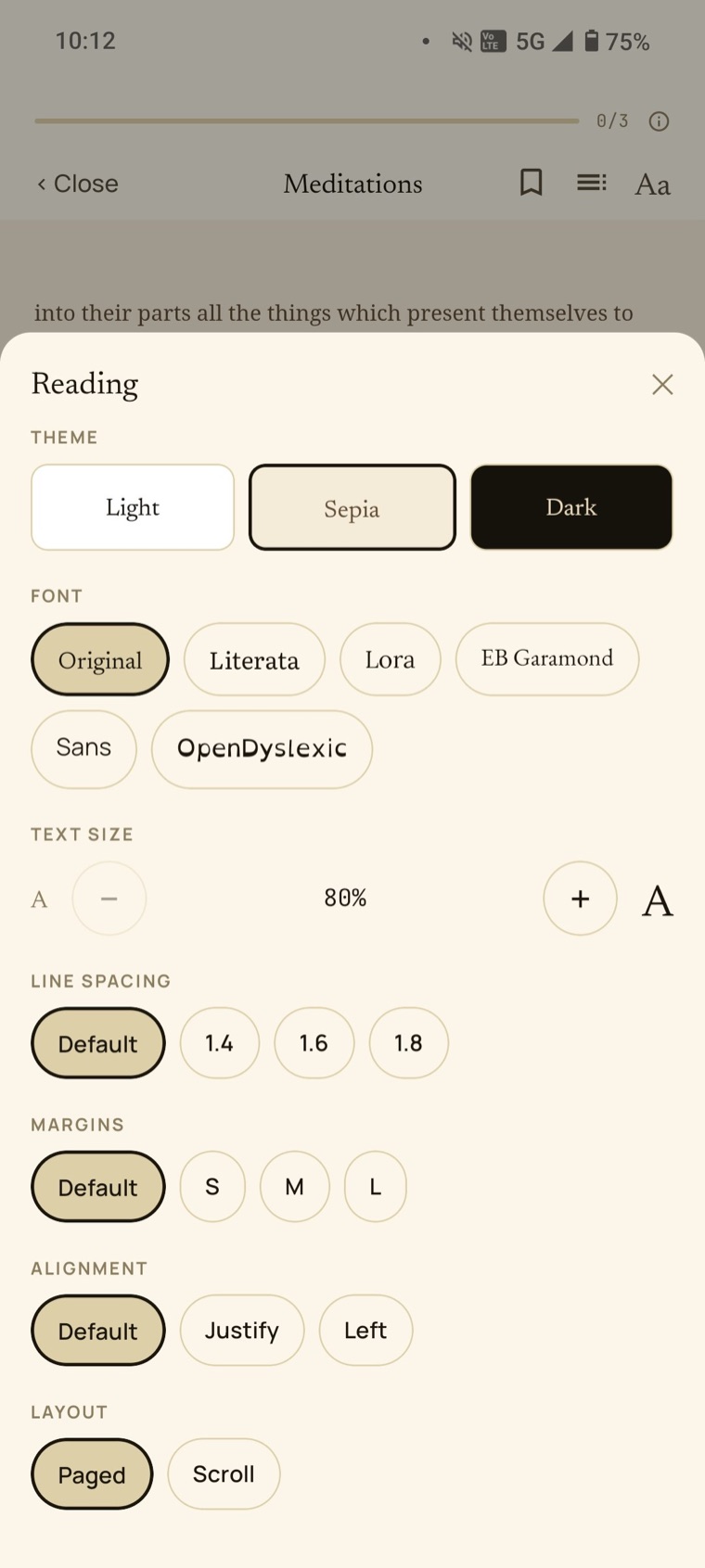 Reader settings: light, sepia and dark themes, fonts, text size and layout