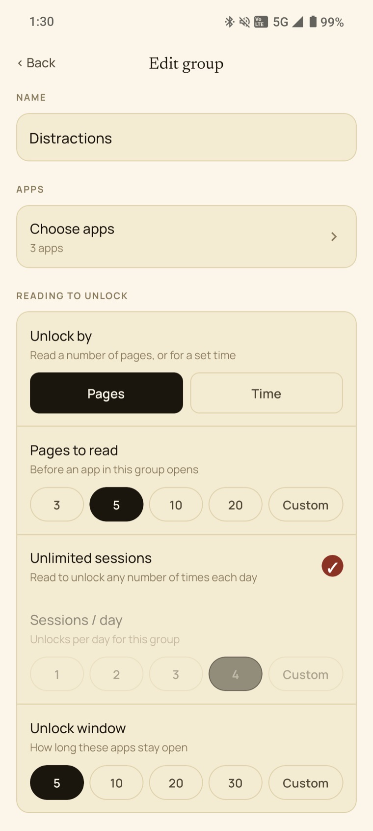 Edit group screen: pages or minutes to read, sessions per day, unlock window